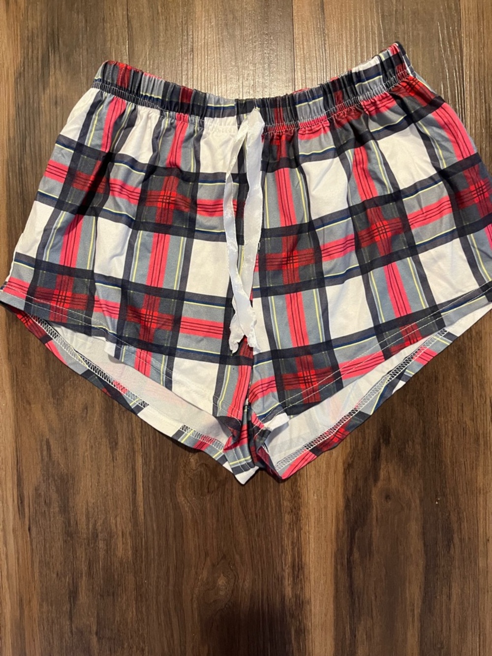 Plaid Drawstring Lounge Shorts - Red, Gray & White